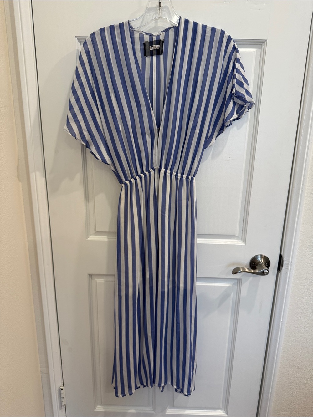 Reformation Blue and White Vertical-Stripe Midi Dress
